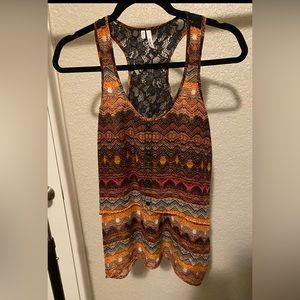 Aztec print razorback tank top with lace back size small